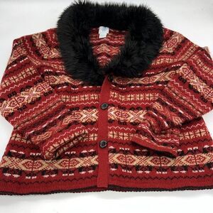 Frost 100% Wool Faux Fur collar winter sweater cardigan size Large